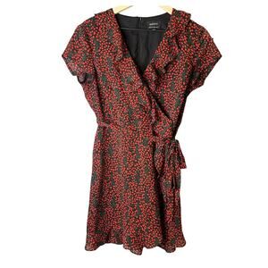 Bardot Womens Cherry Print Wrap Dress Size 8‎ Red Fit Flare Short Sleeve Retro